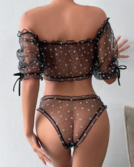 Ruffle Hem Perspective Bow Tie One-Shoulder Set