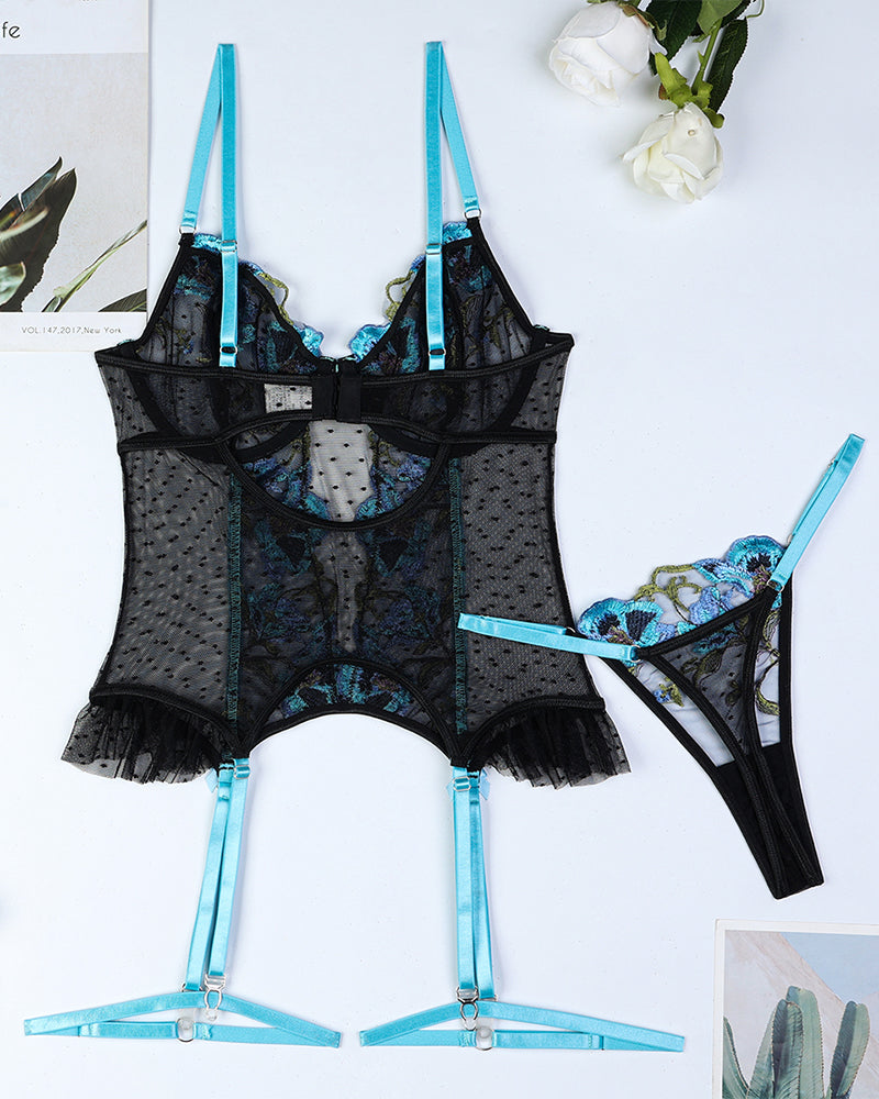 Flower Embroidery Dot Pleated Two-Piece Set