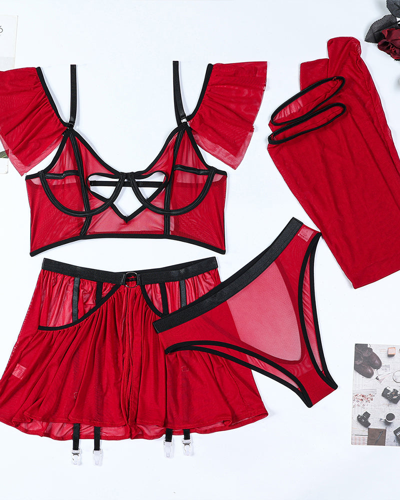 Heart Cut Out Bra Lingerie Set with Stockings