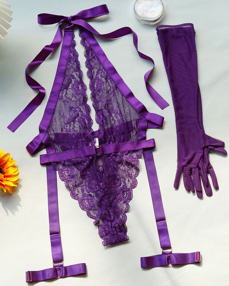 Lace Halter Bodysuits with Gloves