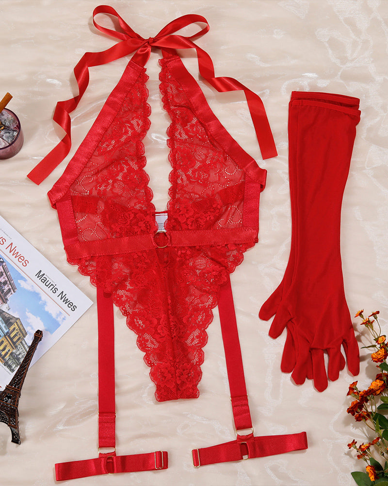 Lace Halter Bodysuits with Gloves