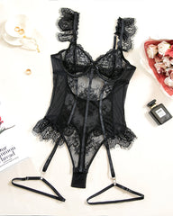 FLace Ruffle Trim Garter Bodysuit