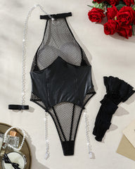 Fishnet Leather Chain Stockings Lingerie Set