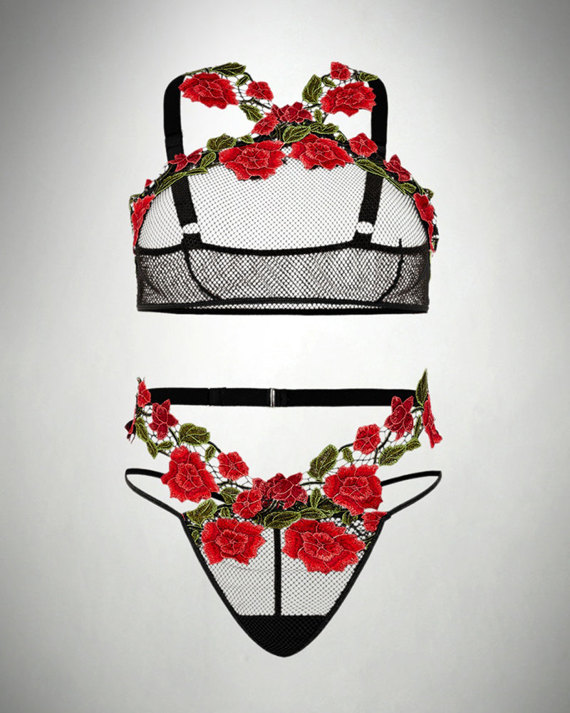 Plus Size Fishnet Embroidery Lingerie Set