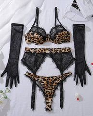 Leopard Eyelash Garter Lingerie Sets with Gloves