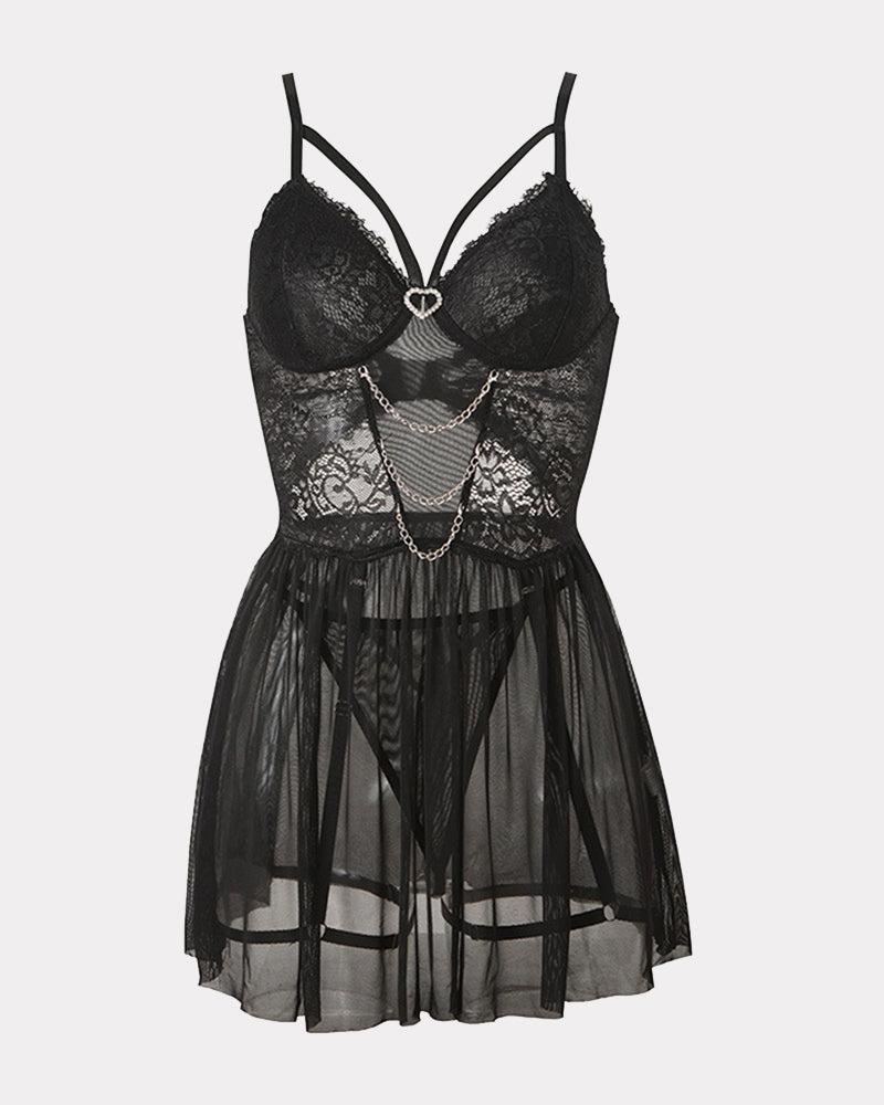 Lace Babydoll Chain Push Up with Garter Belt