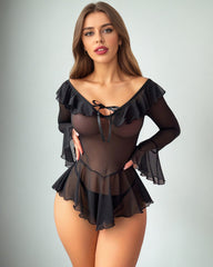 Sheer Mesh Rave Ruffle Off Shoulder Dress