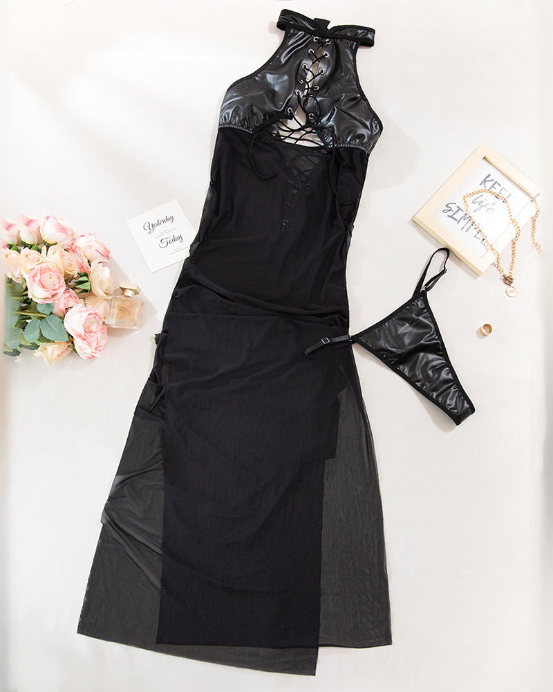Leather Lace-up Mesh Nightgown