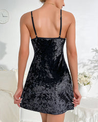 Lace Trim Side Slit Velvet Slip Dress