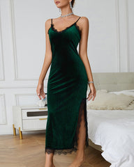 Deep V Lace Trim Side Slit Velvet Dress