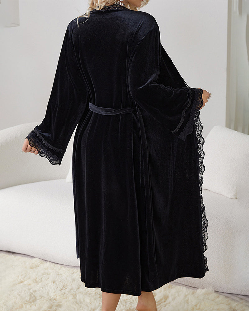 Deep V Neck Side Slit Velvet Dress Set