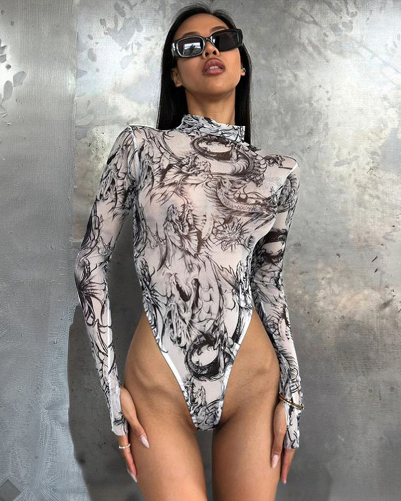 Tie-Dye Long Sleeve Sheer Bodysuit