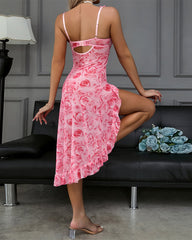 Pink Rose Flower High Slit Dress Set