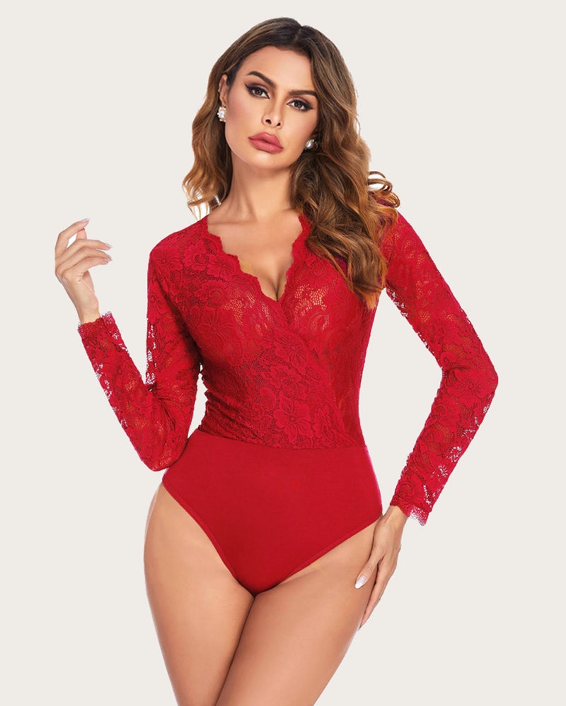 Deep V Snap Crotch Lace Bodysuit
