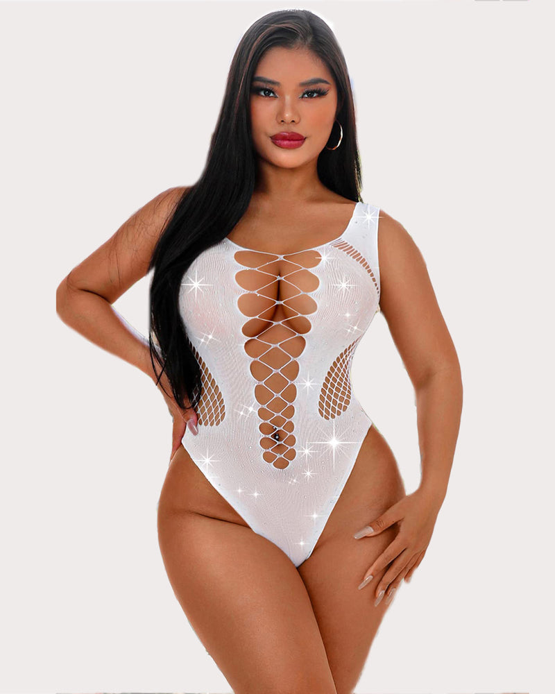 Mesh Fishnet Rhinestone Bodysuit
