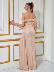 Apricot Sequin Off Shoulder Draped Prom Dress
