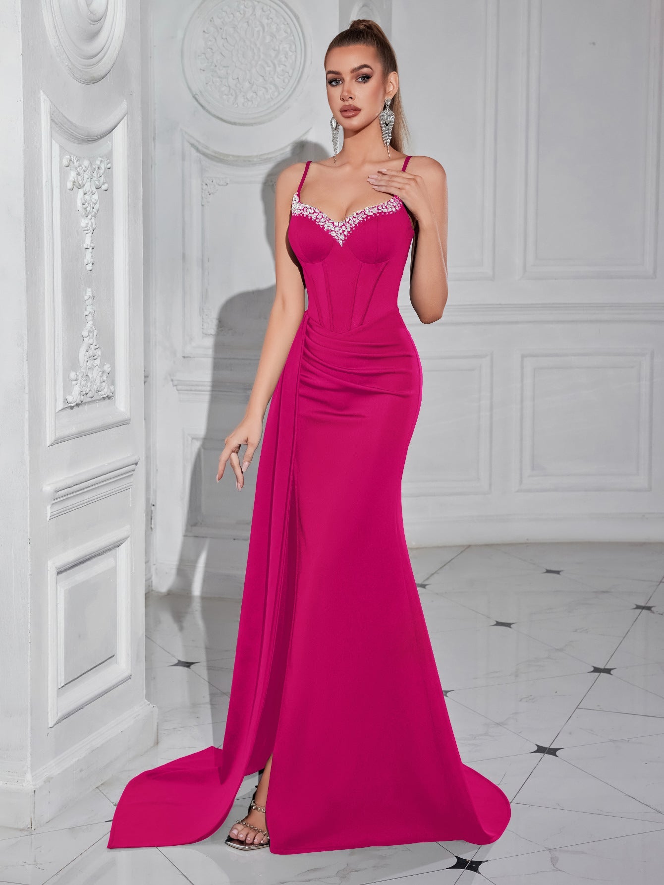 Navy Sweetheart Neck Corset Split Evening Dress