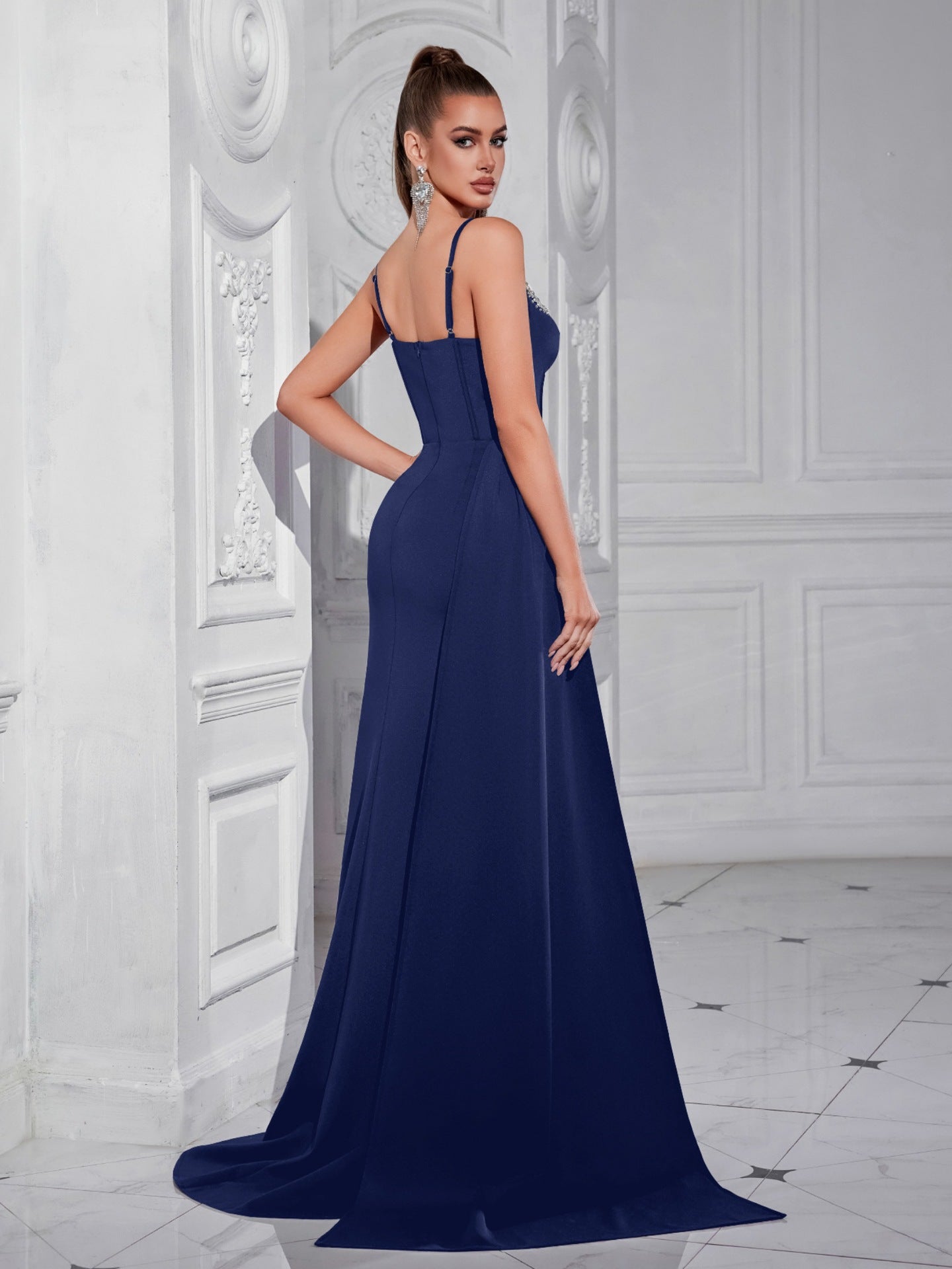 Navy Sweetheart Neck Corset Split Evening Dress