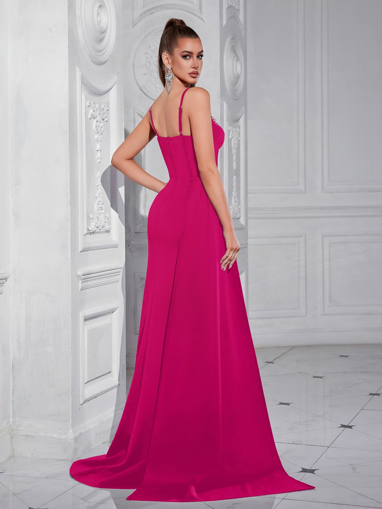 Navy Sweetheart Neck Corset Split Evening Dress