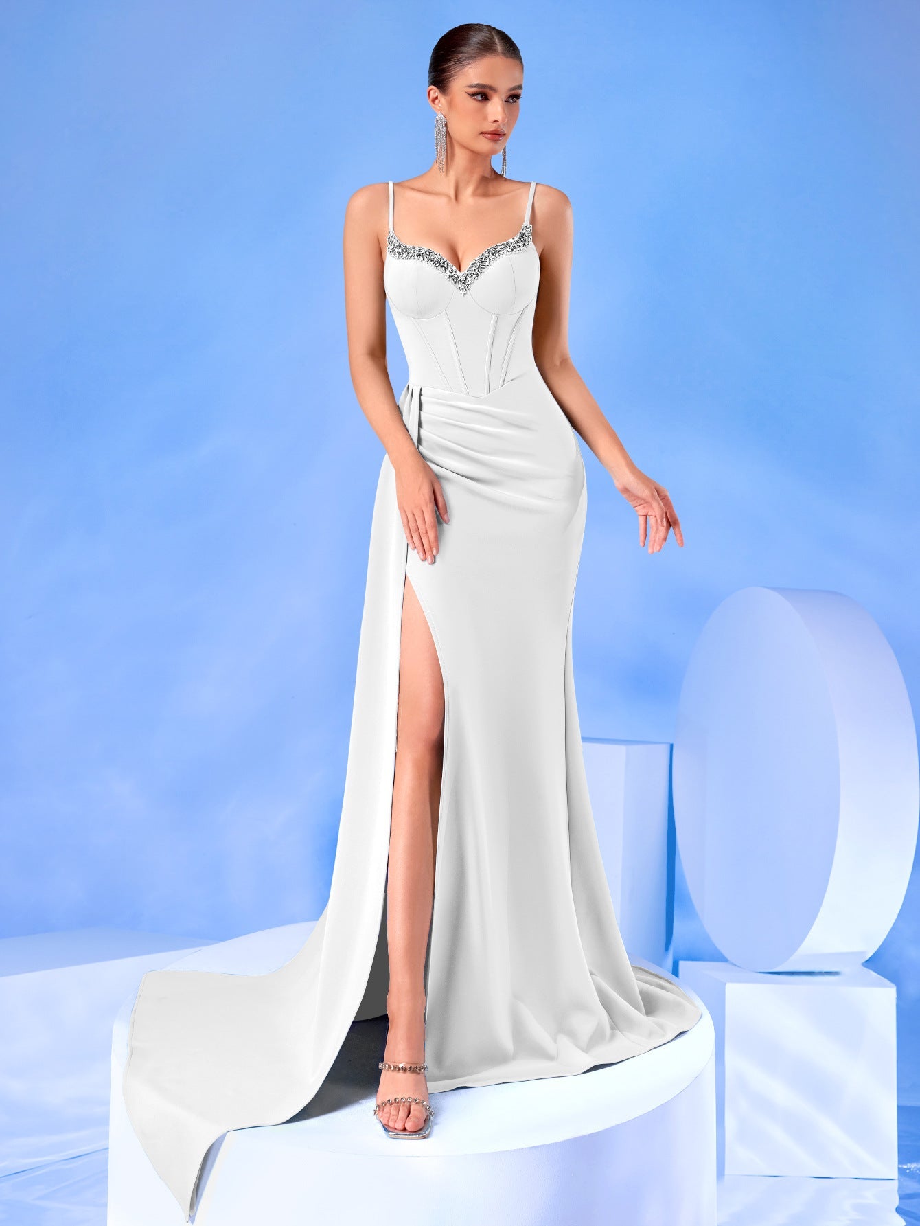 Navy Sweetheart Neck Corset Split Evening Dress