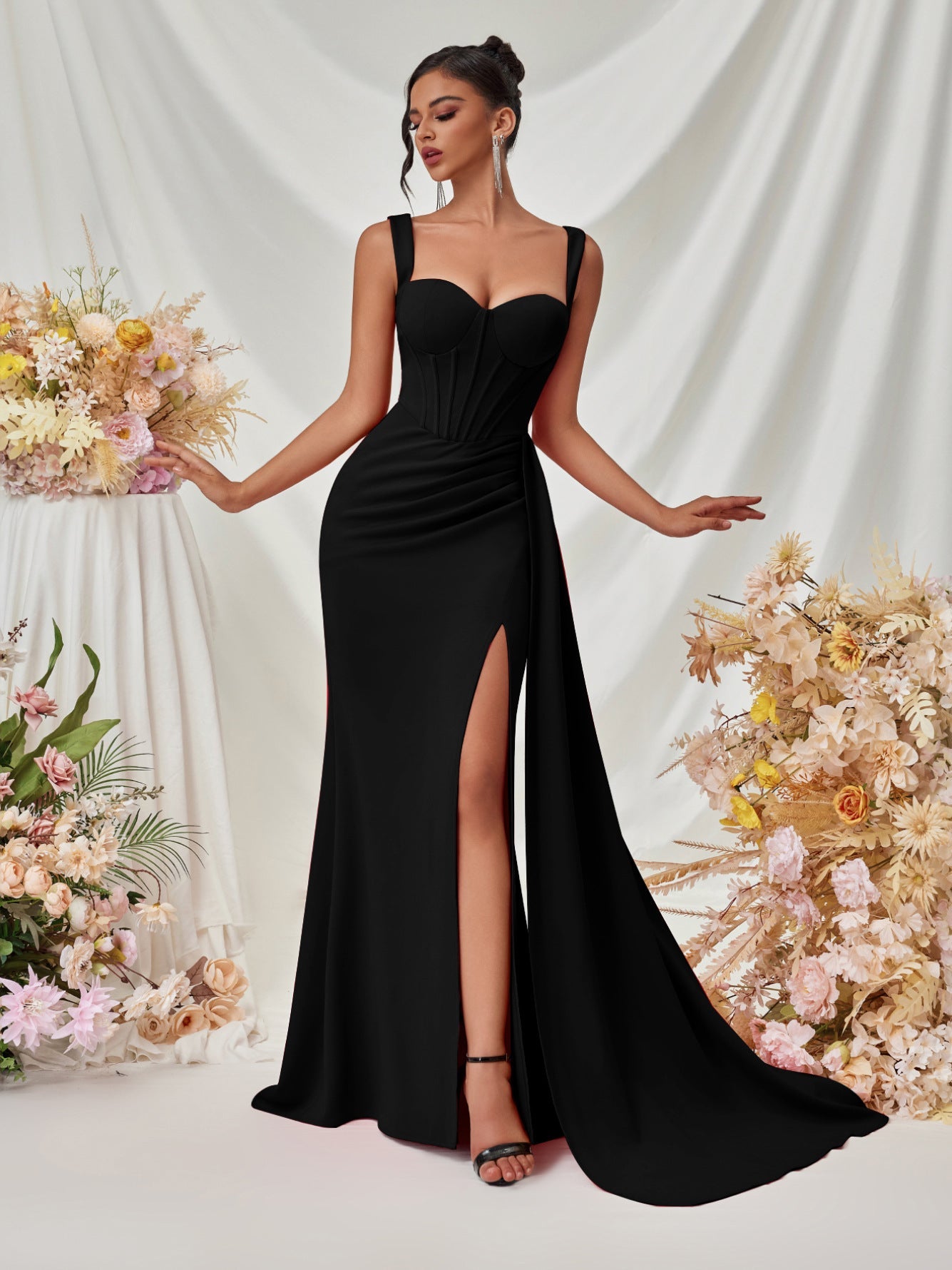 Sweetheart Neck Corset Draped Maxi Prom Dress