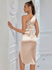 One Shoulder Ruched Split Mini Party Dress