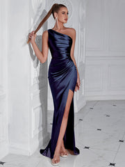 One Shoulder Ruched Split Satin Prom Dress