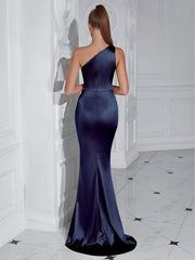 One Shoulder Ruched Split Satin Prom Dress