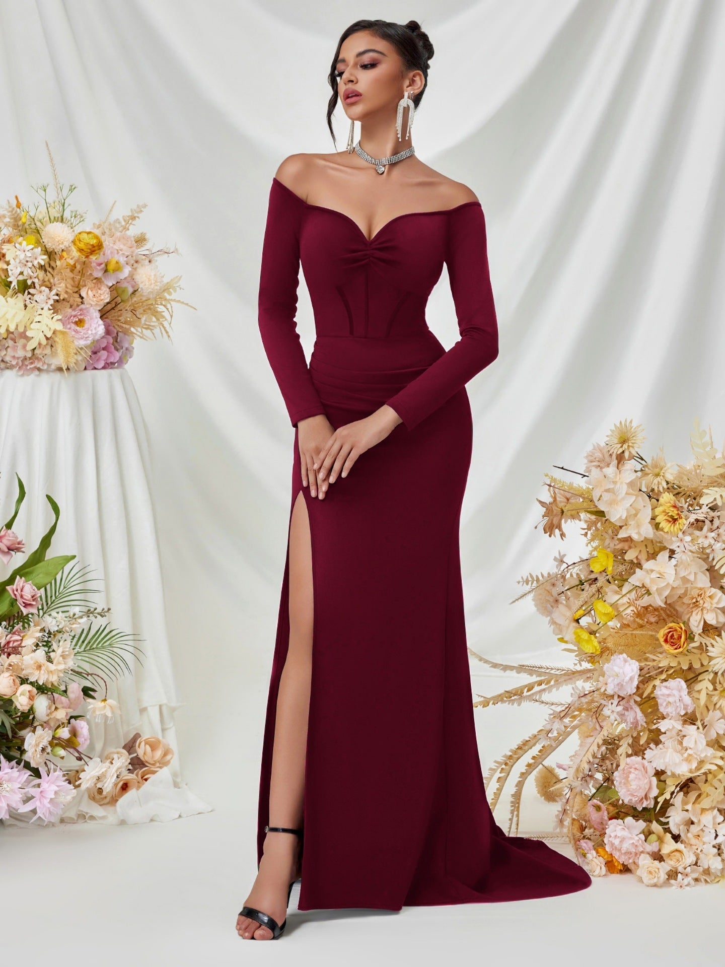 Off Shoulder Long Sleeve Corset Elegant Prom Dress