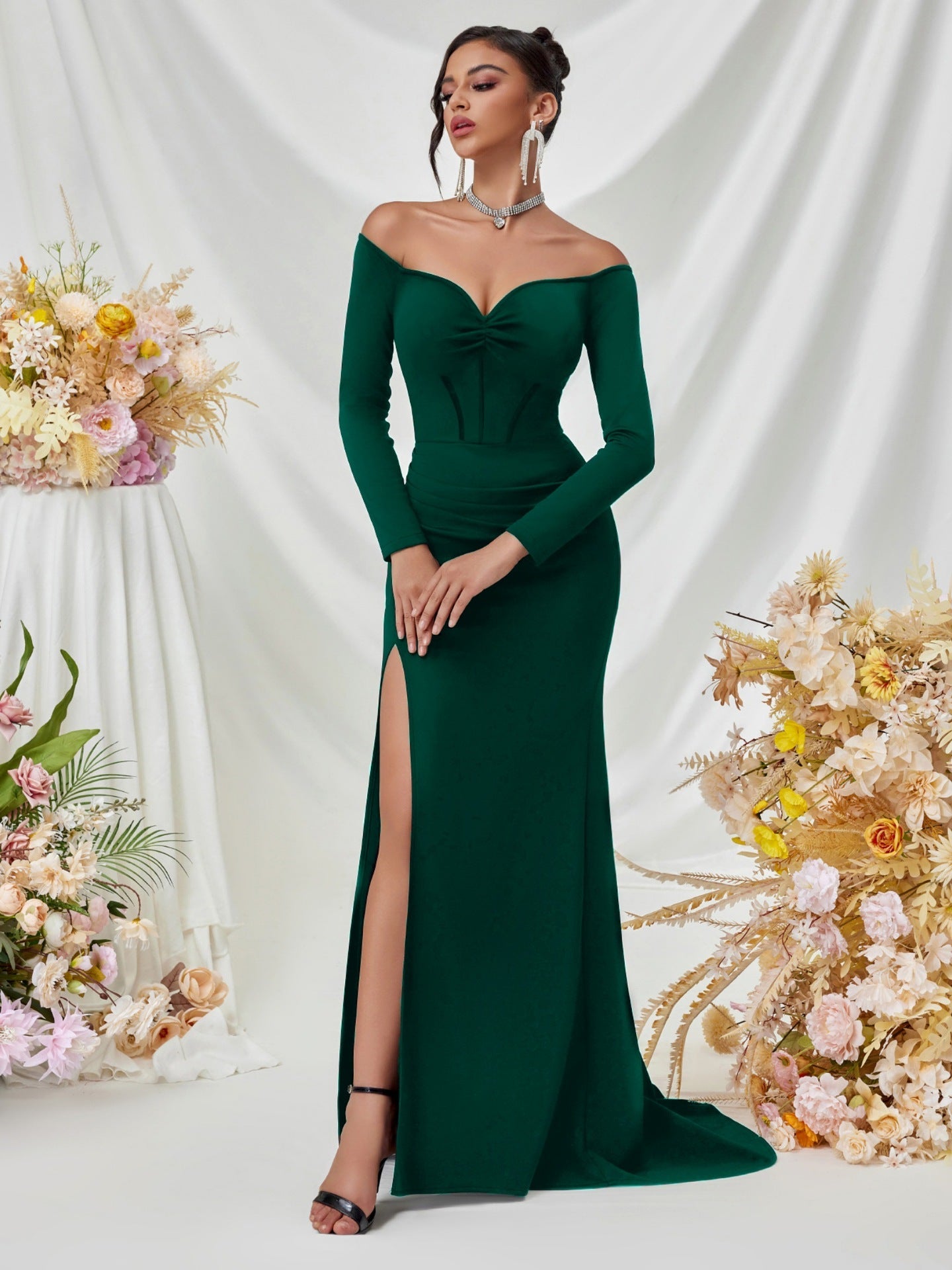 Off Shoulder Long Sleeve Corset Elegant Prom Dress