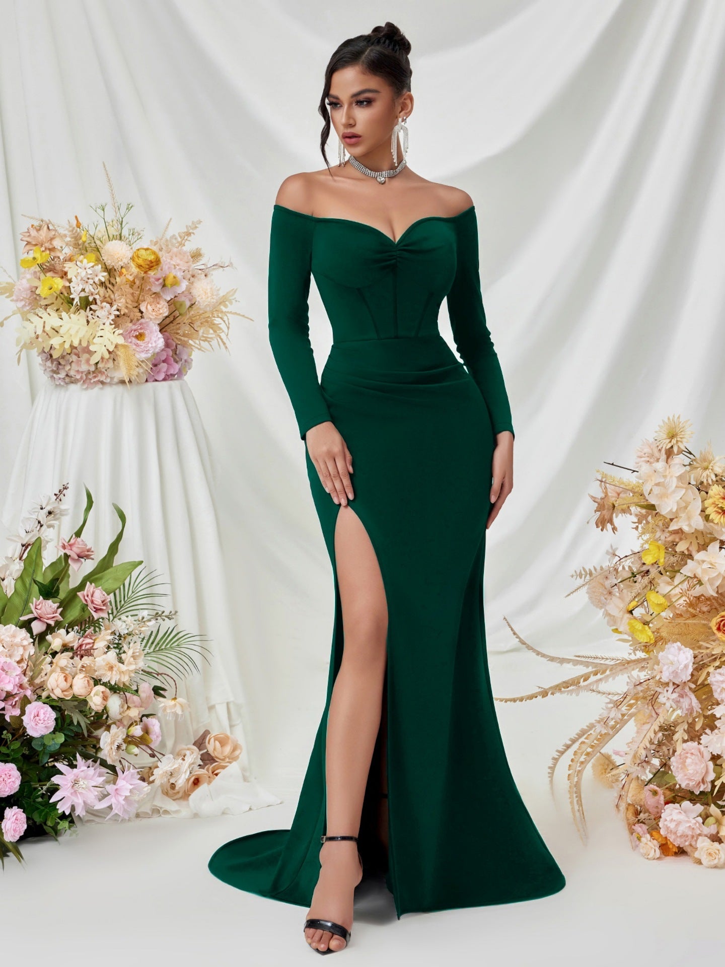 Off Shoulder Long Sleeve Corset Elegant Prom Dress
