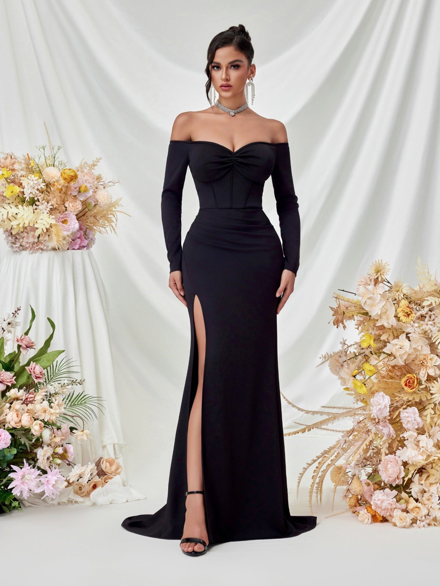 Off Shoulder Long Sleeve Corset Elegant Prom Dress