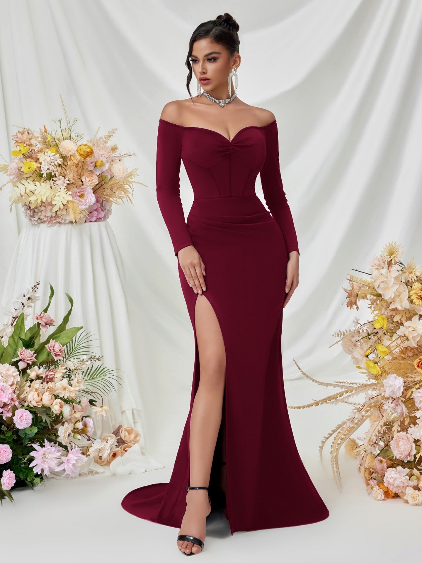 Off Shoulder Long Sleeve Corset Elegant Prom Dress