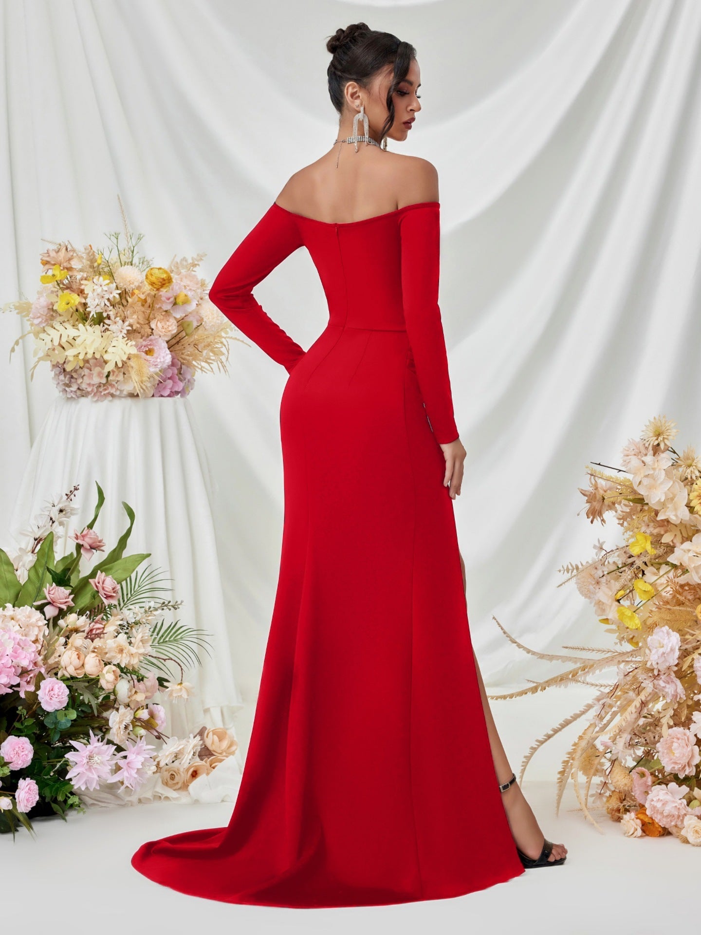 Off Shoulder Long Sleeve Corset Elegant Prom Dress
