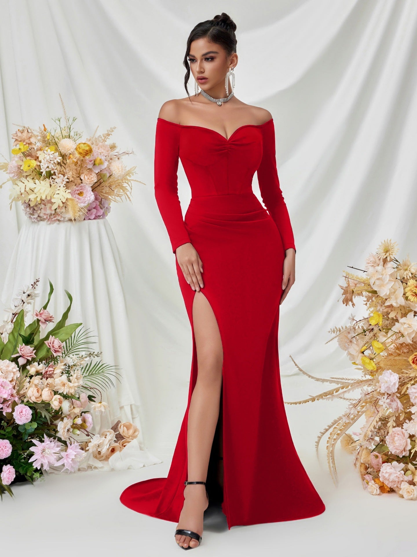 Off Shoulder Long Sleeve Corset Elegant Prom Dress