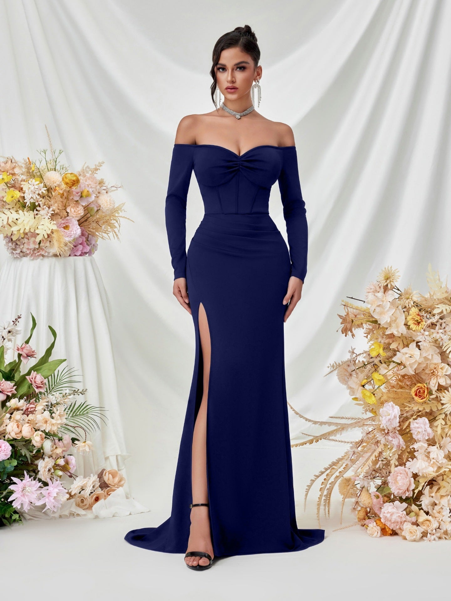 Off Shoulder Long Sleeve Corset Elegant Prom Dress