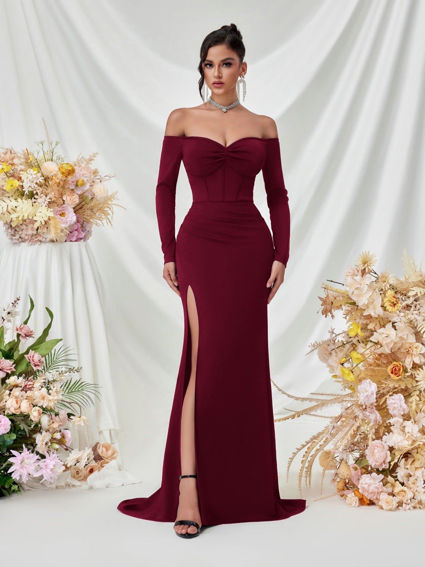 Off Shoulder Long Sleeve Corset Elegant Prom Dress