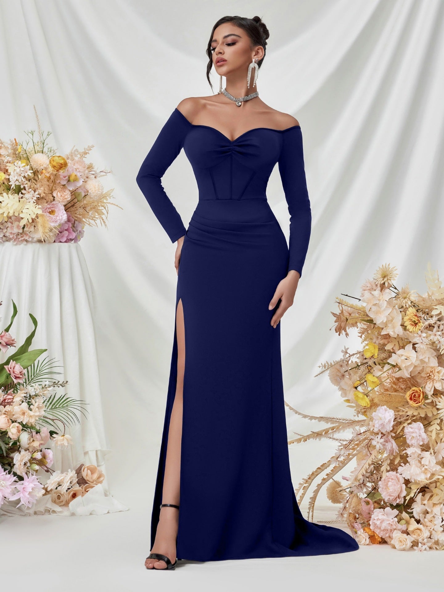 Off Shoulder Long Sleeve Corset Elegant Prom Dress