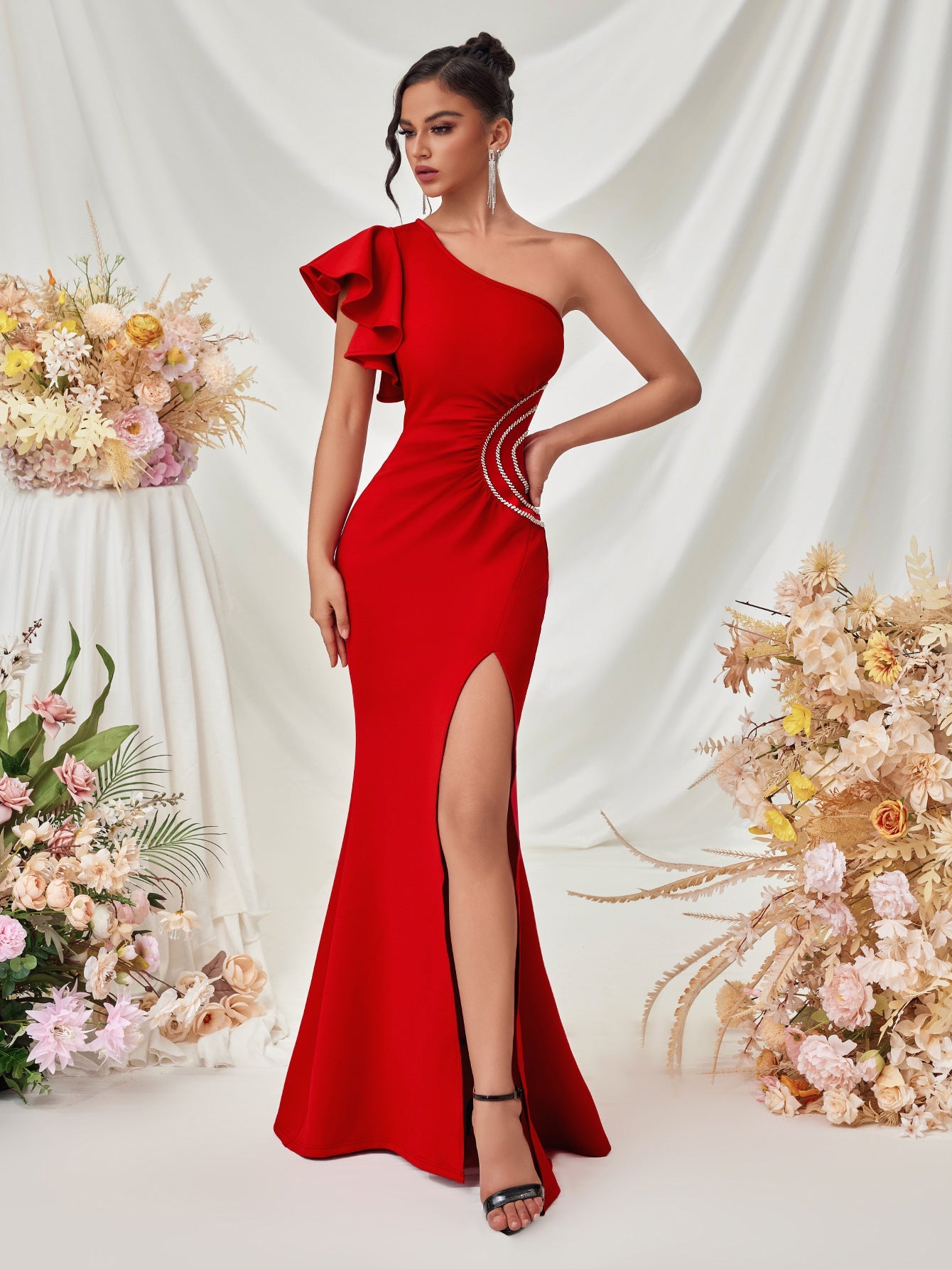 Ruffled One Shoulder Split Ruched Wedding Guest Dress