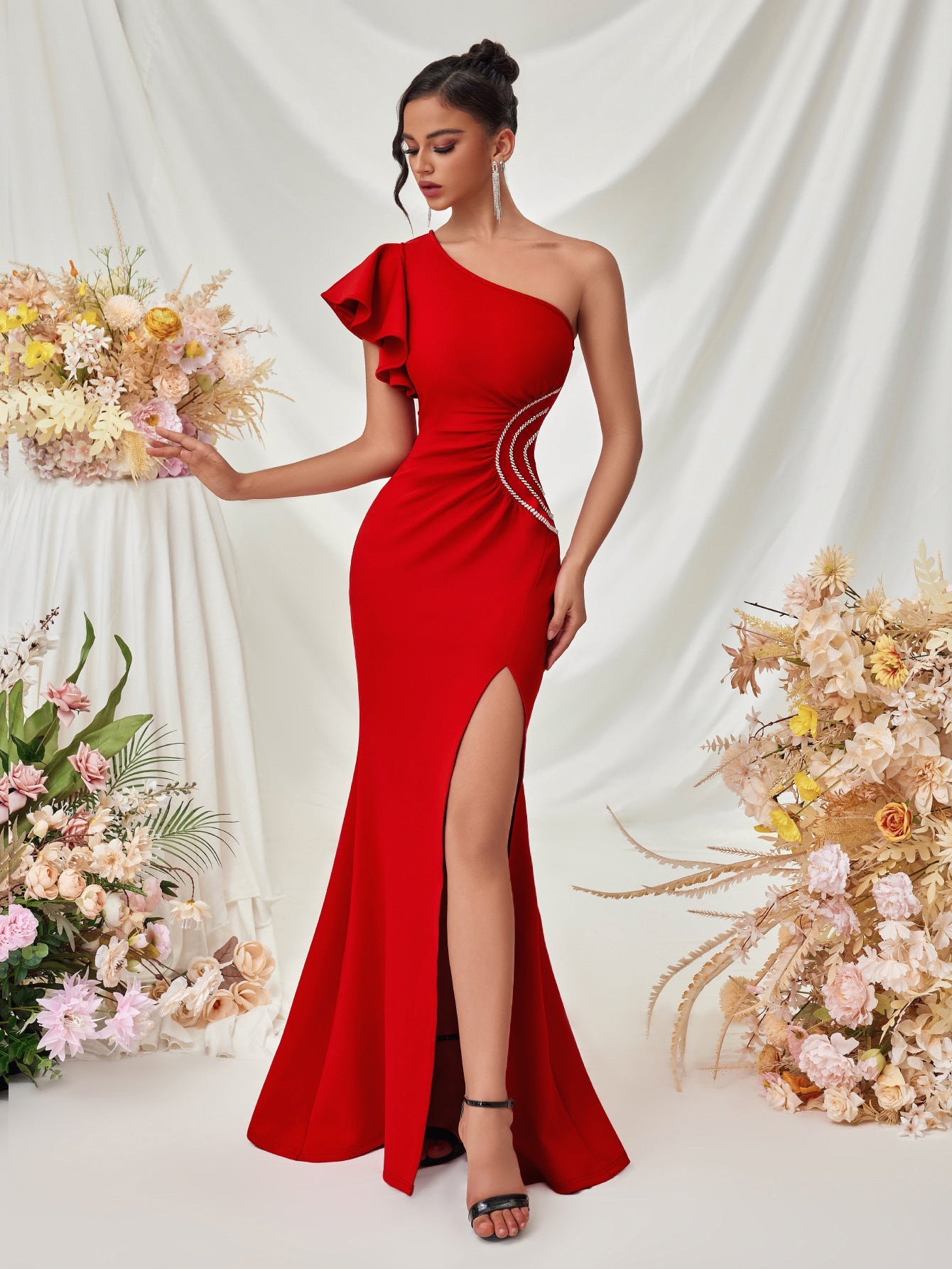 Ruffled One Shoulder Split Ruched Wedding Guest Dress