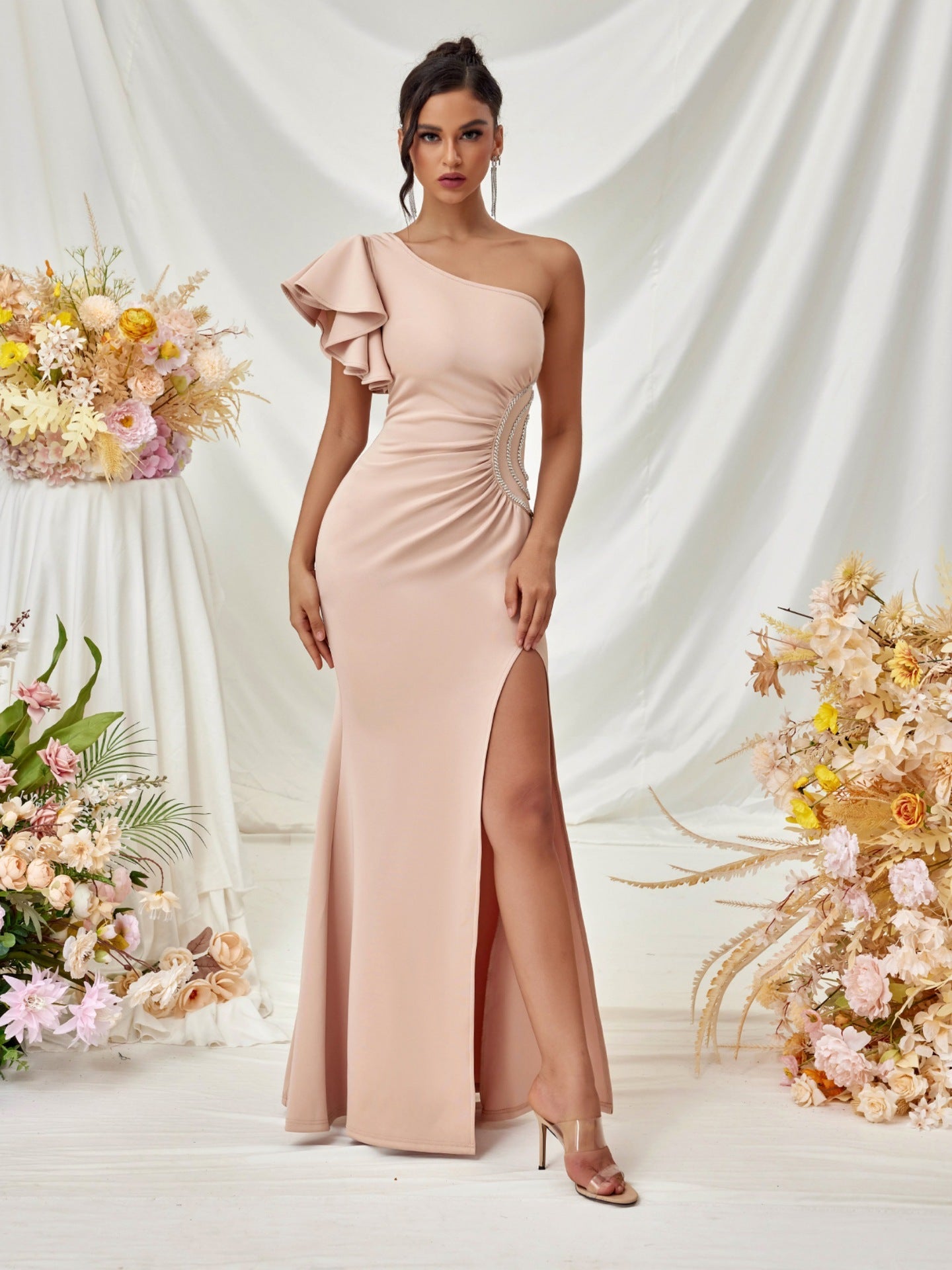 Ruffled One Shoulder Split Ruched Wedding Guest Dress