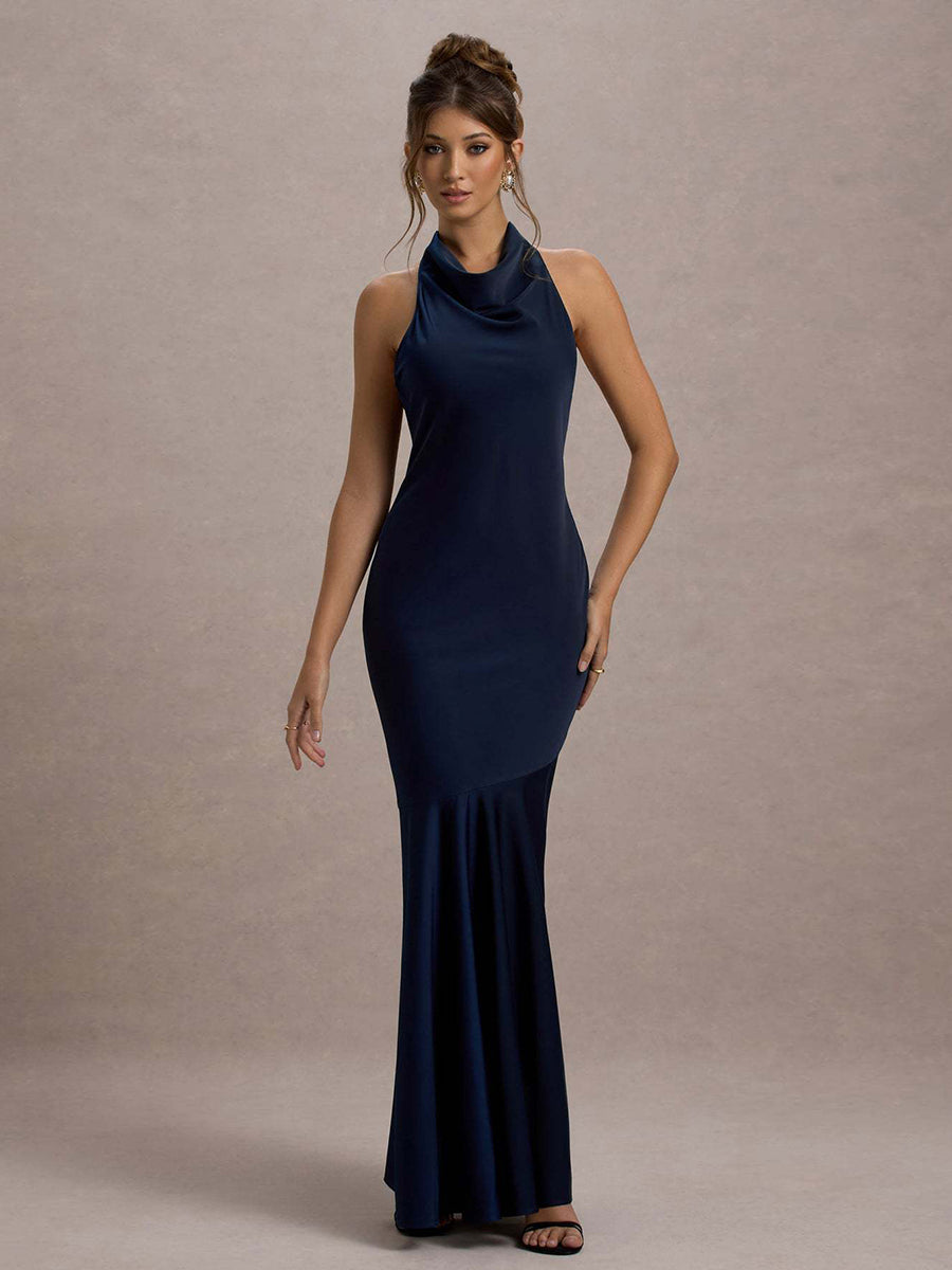 Backless Cowl Neck Ruffled Sleeveless Cocktail Dress