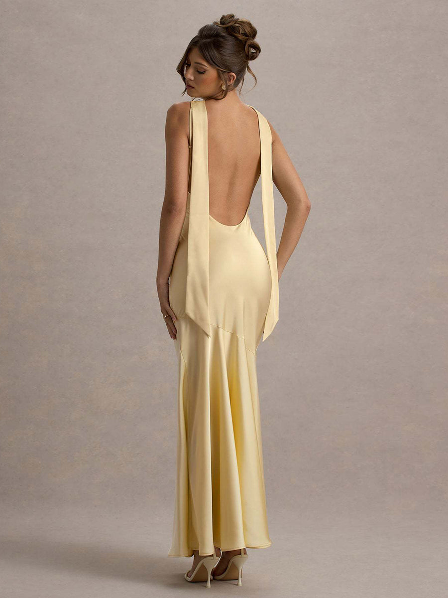 Backless Cowl Neck Ruffled Sleeveless Cocktail Dress