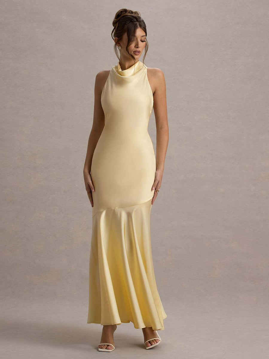 Backless Cowl Neck Ruffled Sleeveless Cocktail Dress