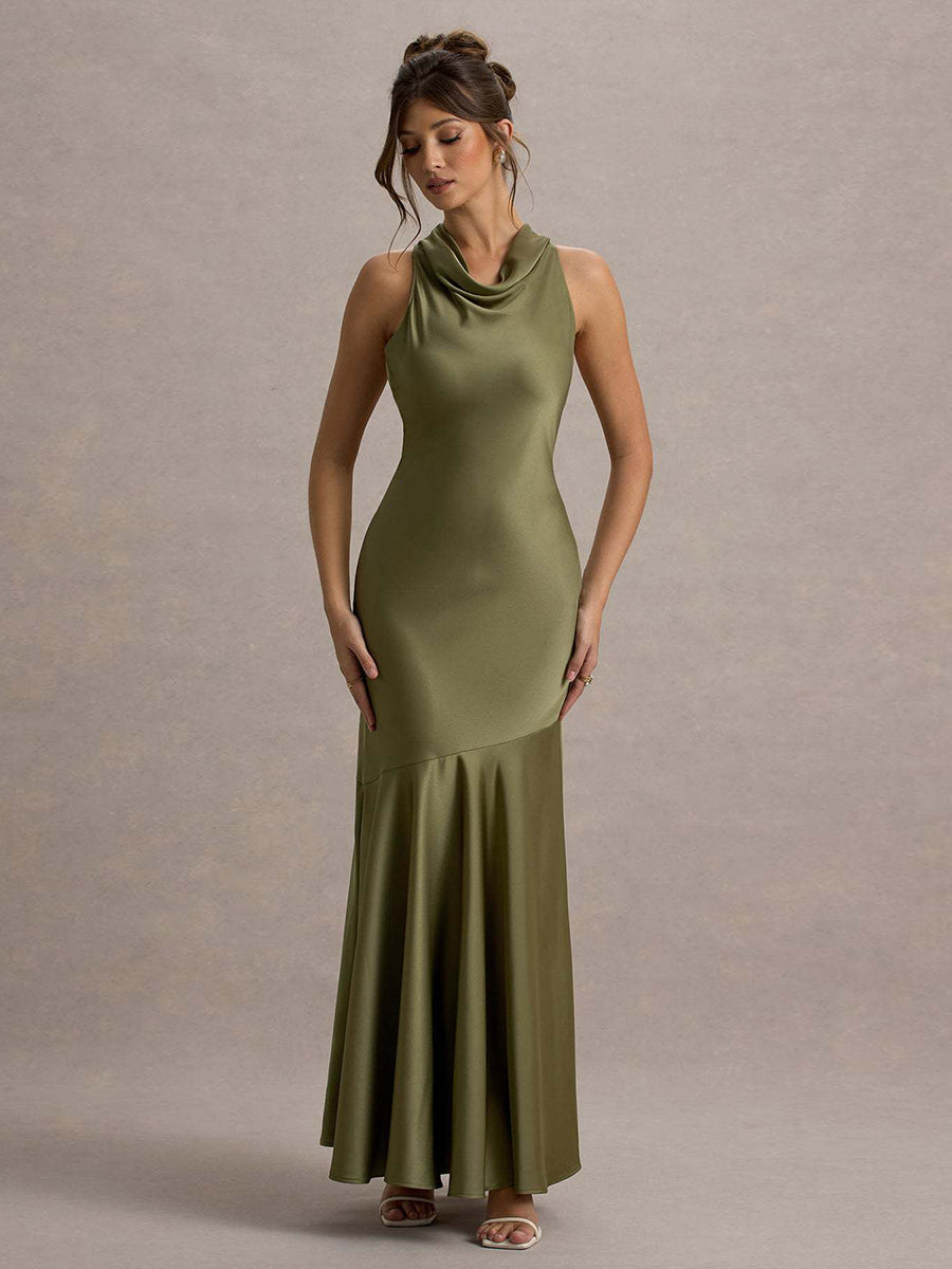 Backless Cowl Neck Ruffled Sleeveless Cocktail Dress