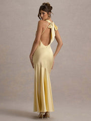 Backless Cowl Neck Ruffled Sleeveless Cocktail Dress