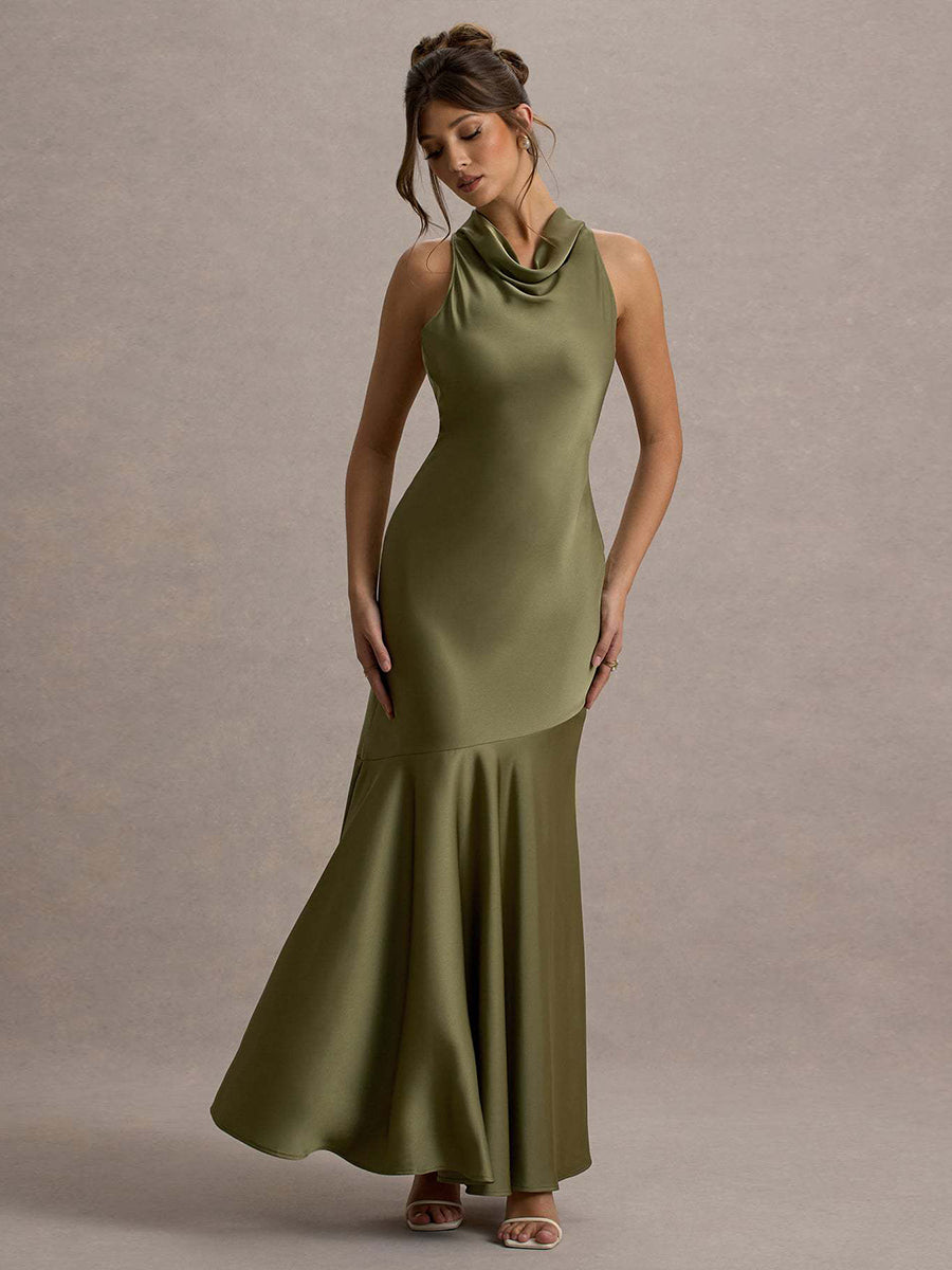 Backless Cowl Neck Ruffled Sleeveless Cocktail Dress