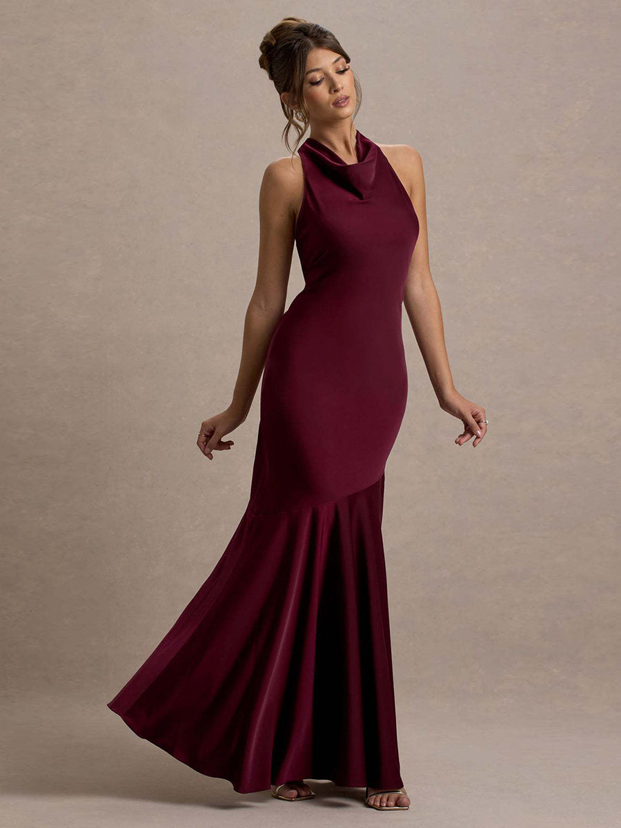 Backless Cowl Neck Ruffled Sleeveless Cocktail Dress