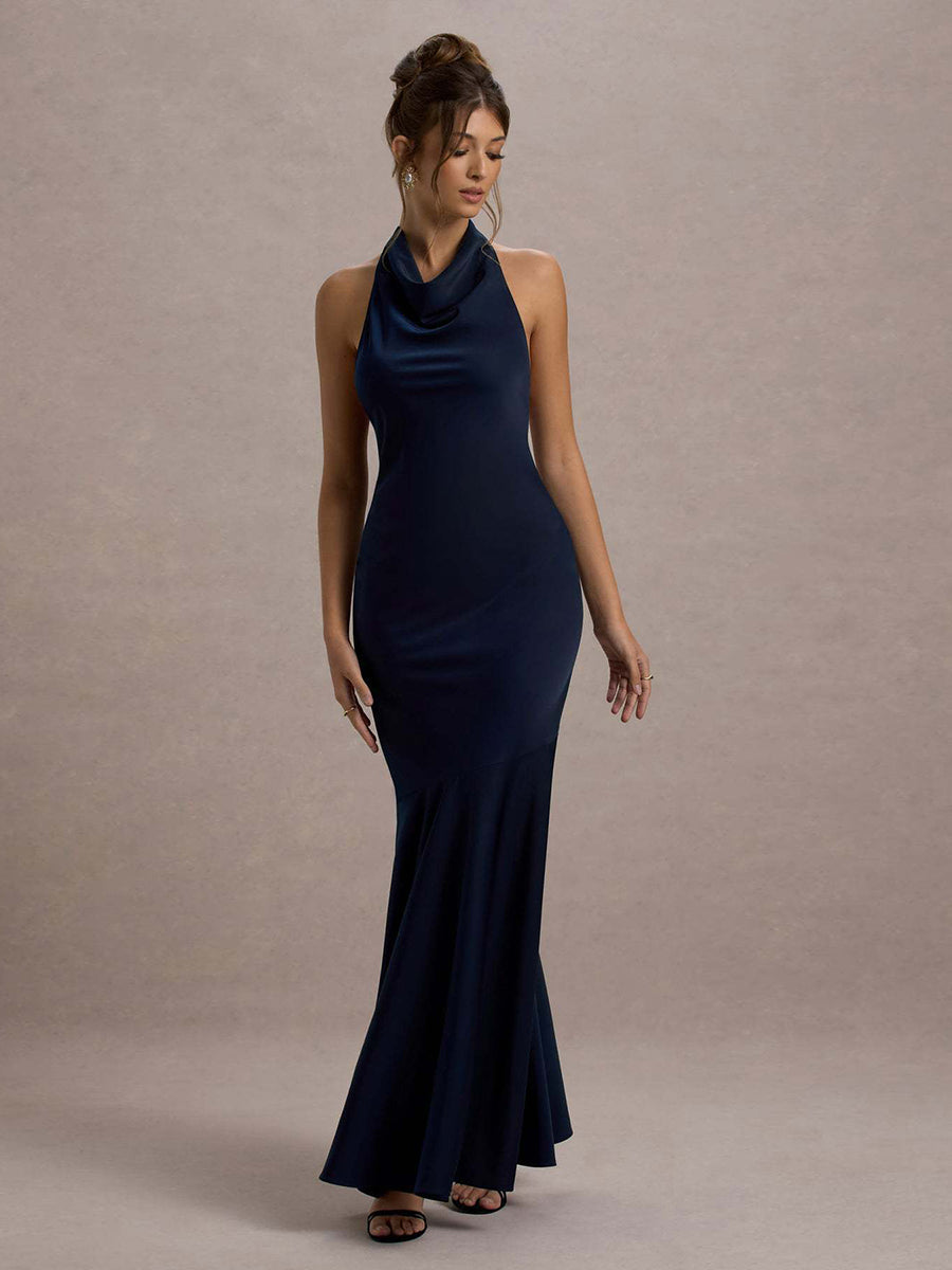 Backless Cowl Neck Ruffled Sleeveless Cocktail Dress