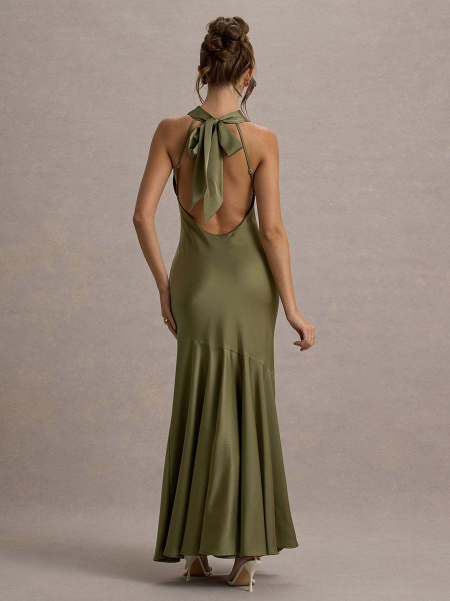 Backless Cowl Neck Ruffled Sleeveless Cocktail Dress